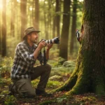 mężczyzna fotografuje dzięcioła